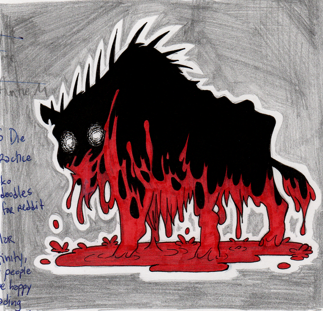 2022 ambiguous_gender blood blood_on_fur blood_pool bodily_fluids dripping_blood excessive_blood federalchemical1728 feral fluffalo fluffy_pony fluffy_pony_(species) fur graphite_(artwork) grey_background horror_(theme) male_(lore) mammal marker_(artwork) notched_ear pencil_(artwork) quills silhouette simple_background solo spot_color standing tail tail_tuft traditional_media_(artwork) tuft unguligrade xeno_(federalchemical1728)
