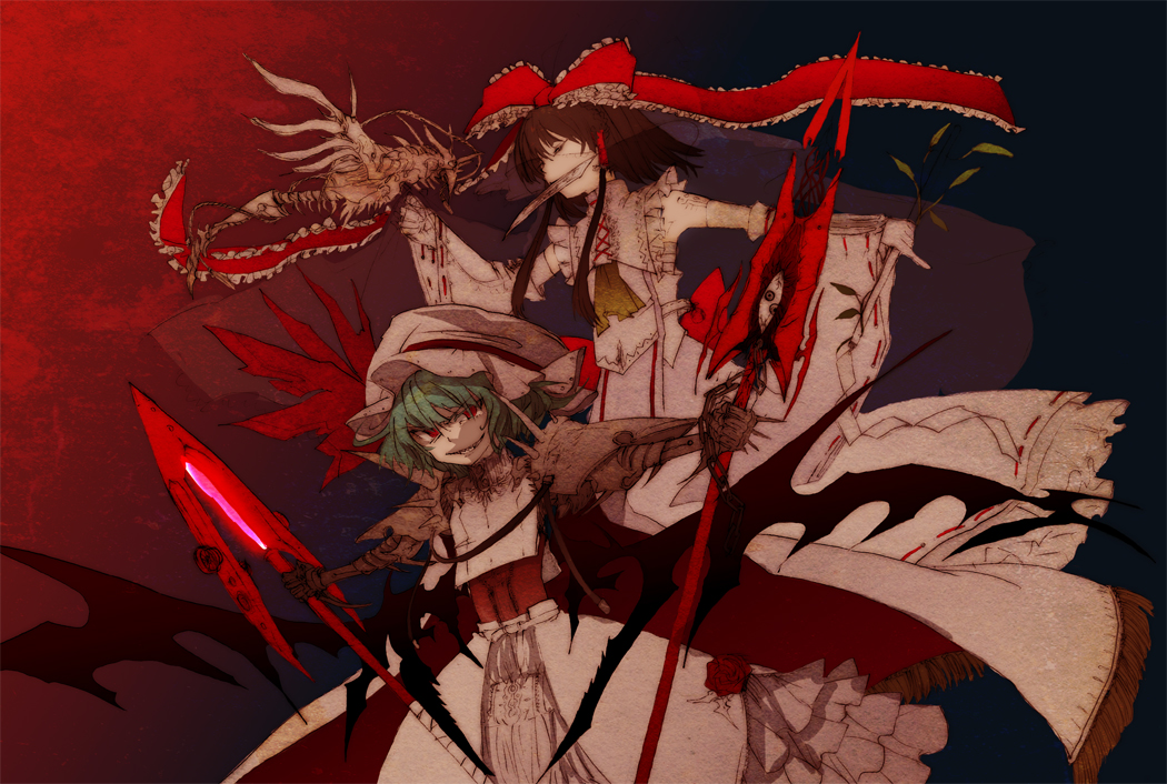2girls alternate_costume armor ascot blue_hair bow brown_hair bug centipede closed_eyes collared_shirt commentary_request cowboy_shot detached_sleeves dual_wielding frilled_bow frilled_shirt_collar frills grin hair_bow hair_tubes hakurei_reimu hat hat_ribbon holding holding_polearm holding_scythe holding_weapon lastdark living_weapon long_hair looking_at_viewer mob_cap mouth_hold multiple_girls ofuda pauldrons polearm red_bow red_eyes red_ribbon remilia_scarlet ribbon ribbon-trimmed_sleeves ribbon_trim sarashi scythe shirt short_hair shoulder_armor sidelocks skirt sleeveless sleeveless_shirt smile spear_the_gungnir spiked_gauntlets touhou v-shaped_eyebrows weapon white_headwear white_shirt white_skirt white_sleeves wide_sleeves yellow_ascot