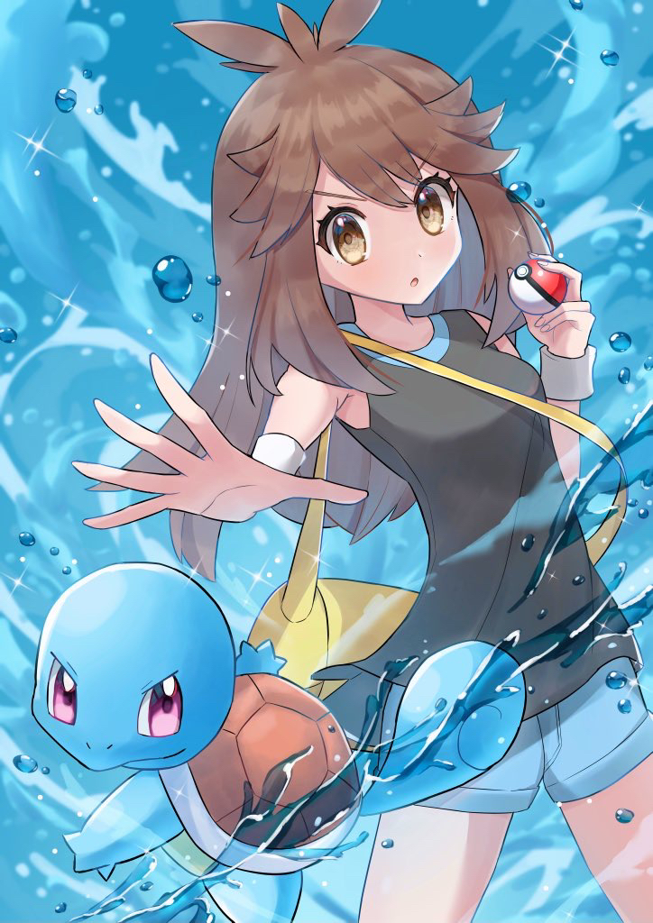 1girl black_shirt blue_background blue_shorts brown_eyes brown_hair cowboy_shot eyelashes fingernails foreshortening green_(pokemon) holding holding_poke_ball lex_suri12 long_hair looking_at_viewer nostrils open_mouth poke_ball poke_ball_(basic) pokemon pokemon_(creature) pokemon_(game) pokemon_lgpe reaching reaching_towards_viewer shirt shorts sleeveless sleeveless_shirt squirtle turtle turtle_shell water_drop white_wristband