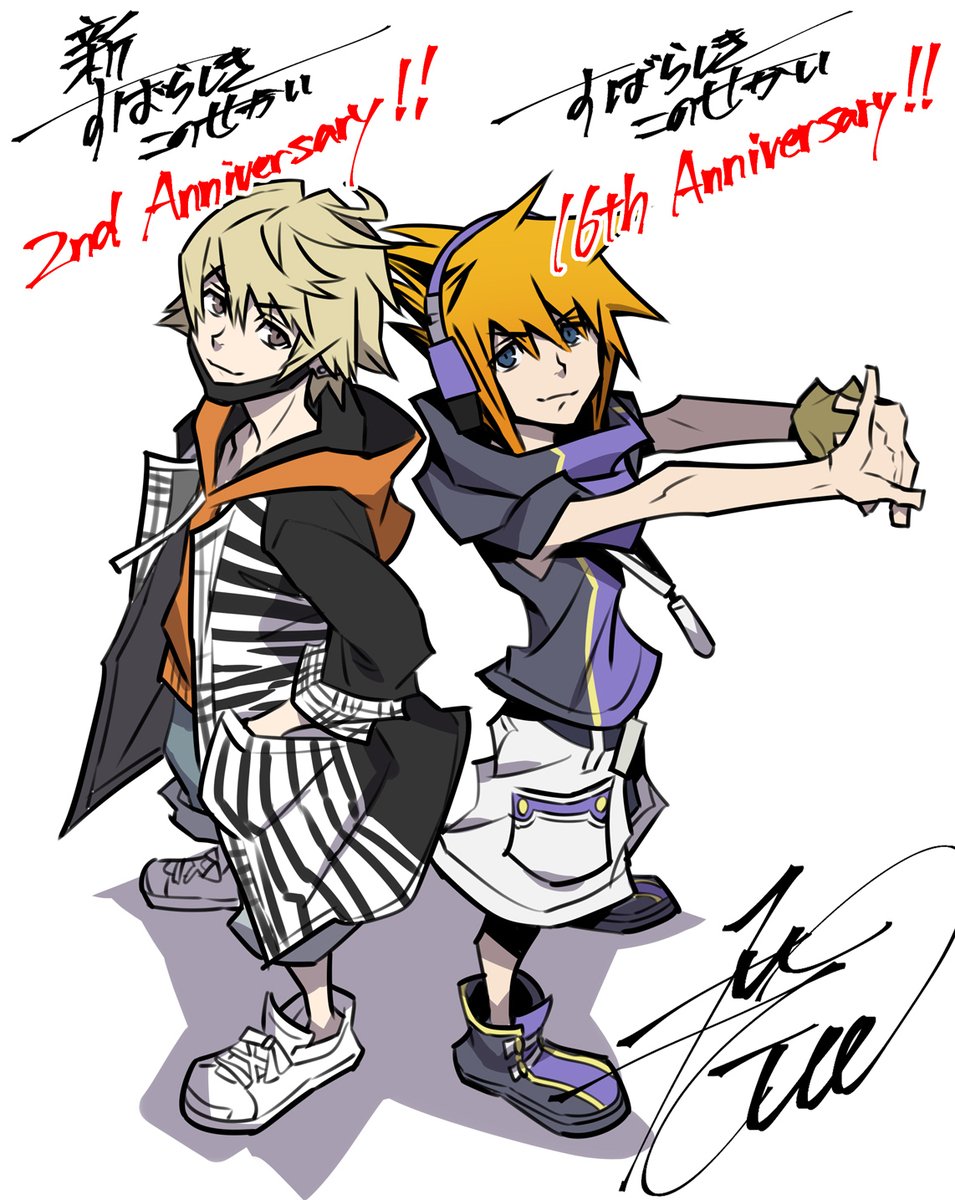 2boys anniversary back-to-back blonde_hair cracking_knuckles hands_in_pockets headphones highres hood hoodie jacket kanade_rindou kobayashi_gen mask mouth_mask multiple_boys official_art orange_hair outstretched_arms sakuraba_neku shin_subarashiki_kono_sekai shorts sleeveless spiked_hair standing subarashiki_kono_sekai wristband