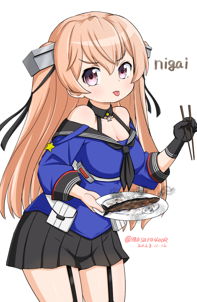 1girl black_gloves black_sailor_collar black_skirt blue_shirt breasts brown_eyes chopsticks cleavage dated fish fish_(food) garter_straps gloves holding holding_chopsticks johnston_(kancolle) kantai_collection light_brown_hair long_hair masara_(chuujou) medium_breasts off_shoulder one-hour_drawing_challenge pleated_skirt romaji_text sailor_collar saury school_uniform serafuku shirt single_glove skirt solo tongue tongue_out twitter_username two_side_up united_states_medal_of_honor