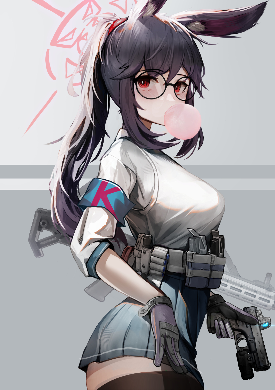 1girl alphabet animal_ears armband black-framed_eyewear black_hair black_thighhighs blue_archive blue_armband breasts bubble_blowing commentary cowboy_shot english_commentary glasses glock gloves green_skirt grey_background gun halo handgun highres holding holding_gun holding_weapon krirk large_breasts long_hair looking_at_viewer machine_gun optical_sight original pleated_skirt ponytail purple_gloves red_eyes rifle round_eyewear shirt skirt sling solo standing thighhighs weapon white_shirt zettai_ryouiki