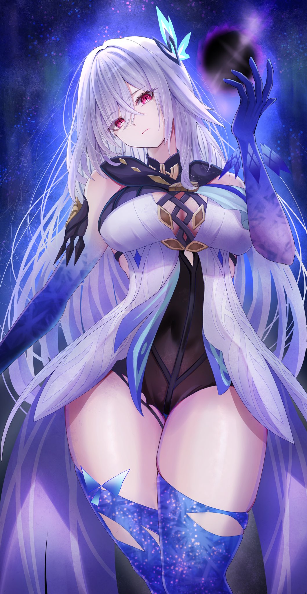 1girl bare_shoulders black_unitard breasts cleavage closed_mouth commentary crossed_bangs genshin_impact grey_hair hair_intakes hand_up head_tilt highres large_breasts long_hair looking_at_viewer parted_bangs penguintake red_eyes skindentation skirk_(genshin_impact) slit_pupils solo thick_thighs thighs