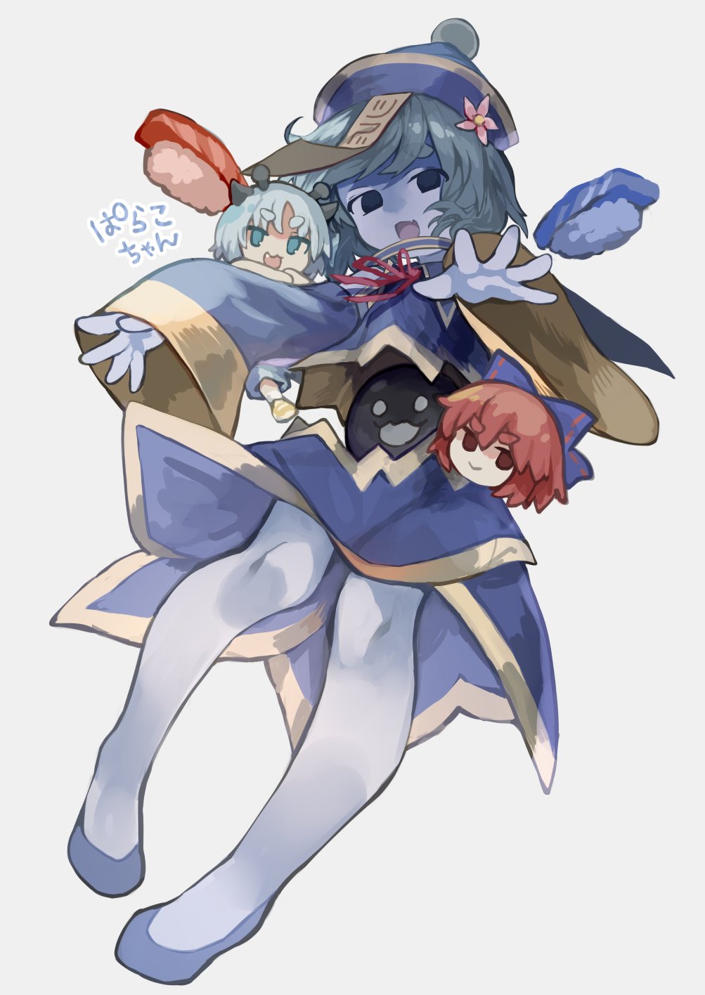 black_eyes blue_bow blue_eyes blue_hair blue_skin bow brown_eyes character_name character_request collared_shirt colored_skin commentary_request disembodied_head fang flower food grey_hair hair_bow hat hat_flower highres hollow_body horns jiangshi long_sleeves looking_at_viewer neck_ribbon ofuda_on_head original outstretched_arms parako_(zenerat) qingdai_guanmao red_hair ribbon risui_(suzu_rks) second-party_source sekibanki shirt short_hair simple_background skin_fang sushi touhou white_background wide_sleeves zombie_pose