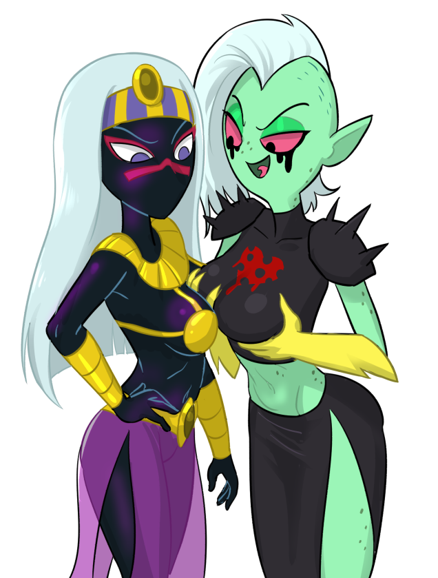 2018 alien alien_humanoid black_body black_skin bottomwear breasts centinel303 clothed clothing disney duck_dodgers duo eyebrows female female/female fingers gloves green_body green_skin hair hand_on_hip hand_on_own_hip handwear holding_breast humanoid long_hair looking_down lord_dominator martian midriff mouthless navel noseless not_furry open_mouth pink_sclera purple_eyes queen_tyr'ahnee simple_background standing tongue topwear translucent translucent_clothing wander_over_yonder white_background white_hair
