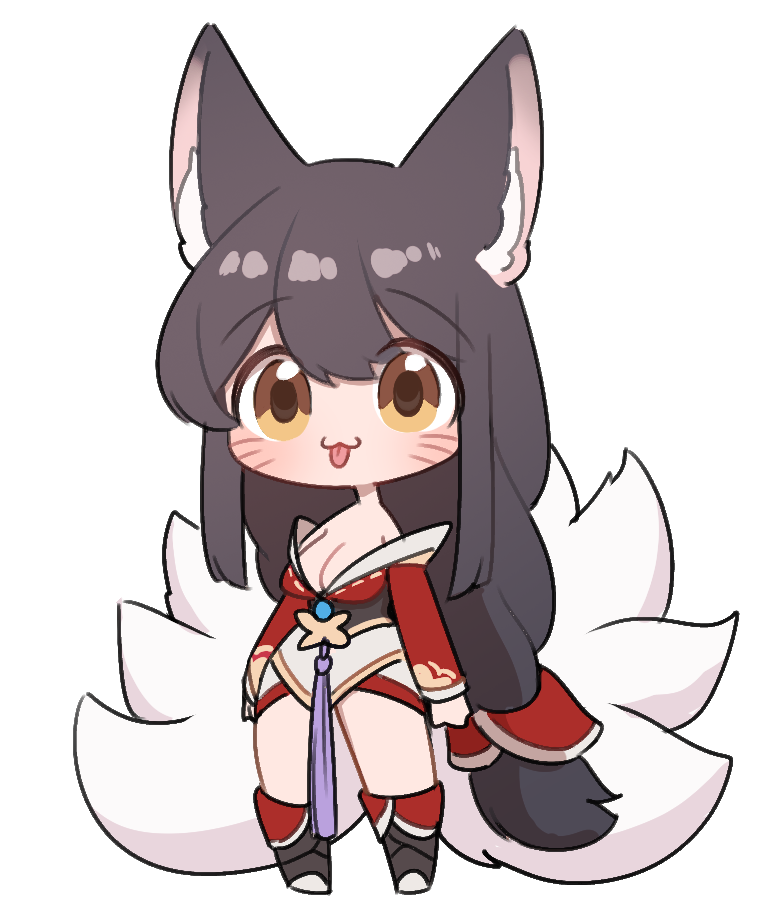 1girl :3 ahri_(league_of_legends) animal_ears bare_shoulders black_hair breasts cleavage facial_mark fox_ears fox_tail full_body league_of_legends long_hair multiple_tails simple_background tail tongue tongue_out very_long_hair whisker_markings white_background yabby yellow_eyes