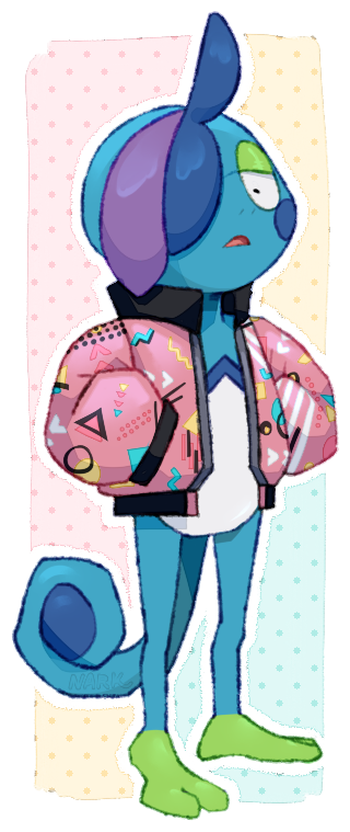 blue_skin clothed_pokemon colored_skin drizzile full_body jacket long_sleeves nark no_humans open_clothes open_jacket open_mouth pokemon pokemon_(creature) polka_dot polka_dot_background signature solo standing tail