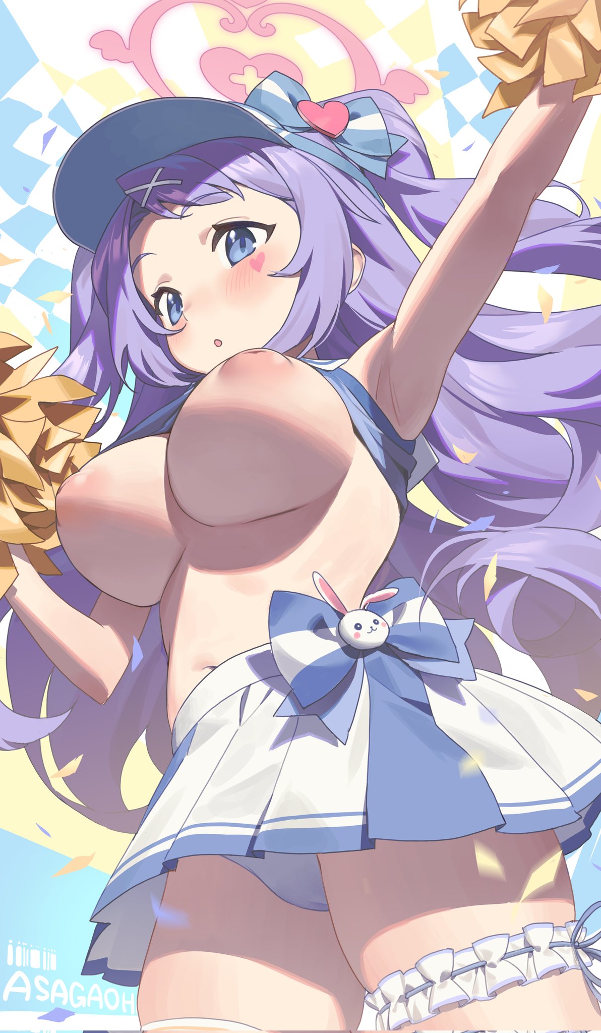 1girl :o airseal arm_up armpits blue_archive blue_eyes blue_headwear blue_shirt blush bow breasts breasts_out cheerleader clothes_lift commentary_request crop_top facial_mark from_below hair_ornament halo hanae_(blue_archive) hanae_(cheer_squad)_(blue_archive) heart_halo heart_stickers highres holding holding_pom_poms inverted_nipples large_breasts looking_ahead midriff miniskirt navel official_alternate_costume official_alternate_hairstyle open_mouth panties pantyshot pink_halo pleated_skirt pom_pom_(cheerleading) purple_hair purple_panties sailor_collar sailor_shirt shirt shirt_lift shortstack skindentation skirt sleeveless sleeveless_shirt solo sticker_on_face swept_bangs thick_thighs thigh_strap thighs two_side_up underwear visor_cap waist_bow white_sailor_collar white_skirt x_hair_ornament