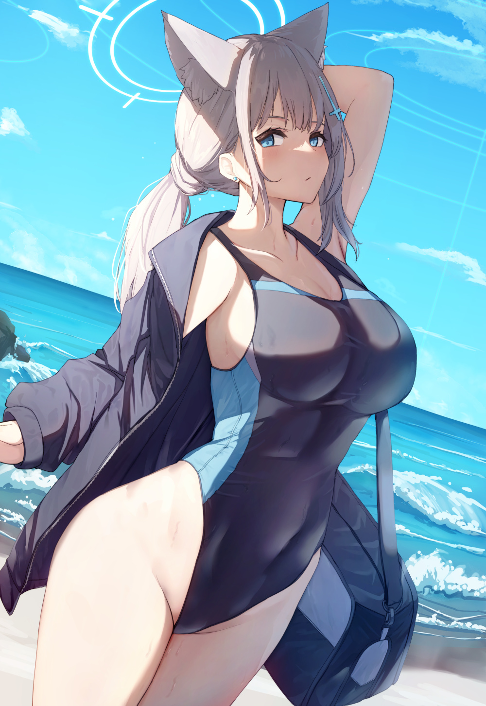 1girl animal_ears arm_up armpits bag beach blue_archive blue_bag blue_eyes blue_jacket blush breasts closed_mouth collarbone covered_navel cross_hair_ornament extra_ears grey_hair hair_ornament halo highleg highleg_swimsuit highres jacket large_breasts liya long_sleeves looking_at_viewer ocean official_alternate_costume open_clothes open_jacket outdoors shiroko_(blue_archive) shiroko_(swimsuit)_(blue_archive) shoulder_bag sidelocks solo swimsuit thighs unzipped water wolf_ears