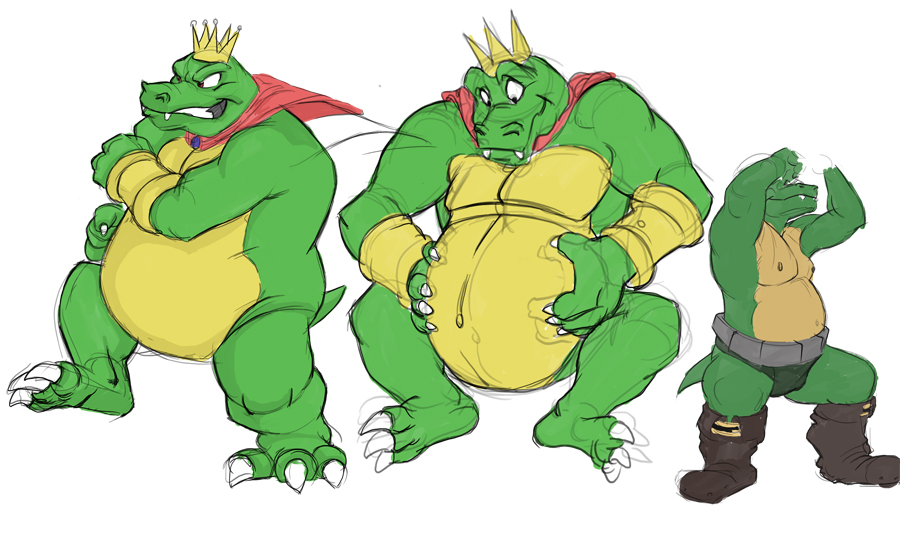 2012 anthro belly belt boots canson cape chubby_anthro chubby_male claws clenched_teeth clothed clothing colored_sketch crocodilian crown cuff_(restraint) donkey_kong_(series) duo fangs footwear hand_on_stomach headgear king_k._rool klump kremling male mostly_nude navel nintendo nipples overweight overweight_anthro overweight_male raised_arms reptile restraints scalie shackles sitting sketch slightly_chubby standing teeth toe_claws underwear wide_eyed