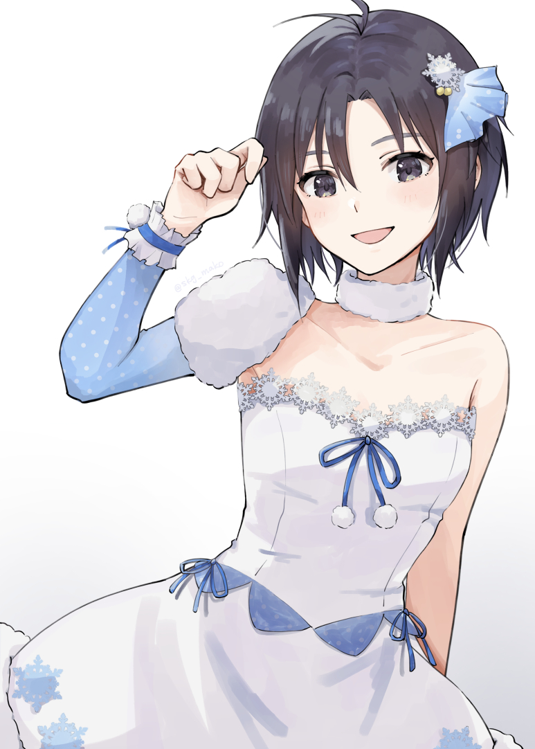 1girl :d adjusting_hair antenna_hair arm_at_side artist_name black_hair blue_bow blue_ribbon blue_sleeves blush bow breasts brown_eyes choker commentary cowboy_shot detached_sleeves dress dress_bow fur-trimmed_dress fur-trimmed_sleeves fur_choker fur_trim hair_ornament idolmaster idolmaster_(classic) kikuchi_makoto lace-trimmed_dress lace_trim leaning_to_the_side looking_at_viewer mogskg open_mouth polka_dot_sleeves ribbon short_hair signature simple_background single_bare_shoulder single_detached_sleeve small_breasts smile snowflake_hair_ornament snowflake_print solo standing twitter_username white_background white_choker white_dress wrist_cuffs