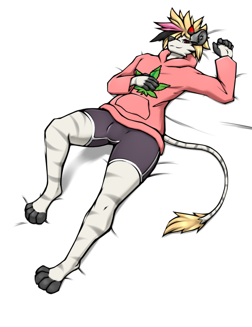 anthro bed boxers_(clothing) bulge clothing demon drugs felid furniture girly hi_res horn hybrid lion looking_at_viewer lying male mammal marcus_diamond marijuana pankanchan pantherine pinup pose solo sweater topwear underwear