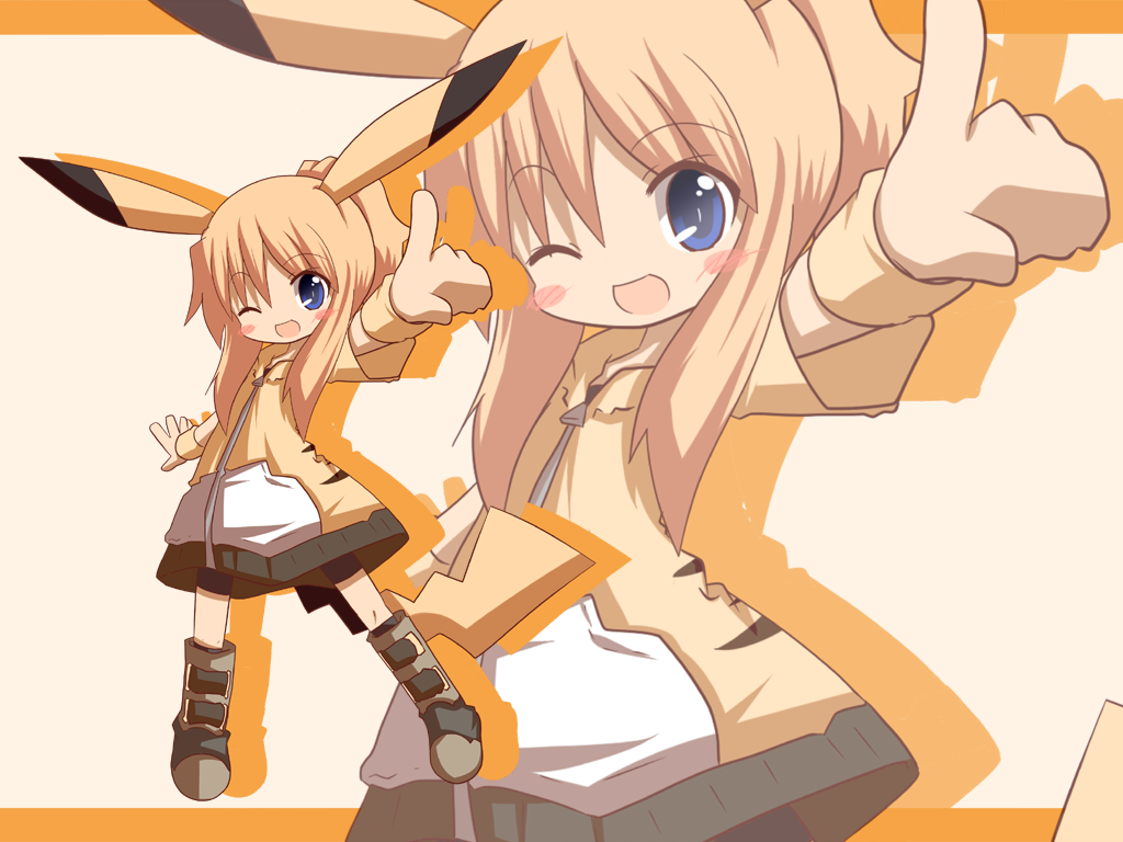 1girl :d black_shorts blonde_hair blue_eyes blush_stickers boots brown_footwear character_hood commentary_request foreshortening full_body hood hoodie looking_at_viewer one_eye_closed personification pikachu pikachu_ears pointing pointing_at_viewer pokemon pokemon_ears satsuki_mei_(sakuramochi) shorts sidelocks simple_background smile standing yellow_hoodie zoom_layer