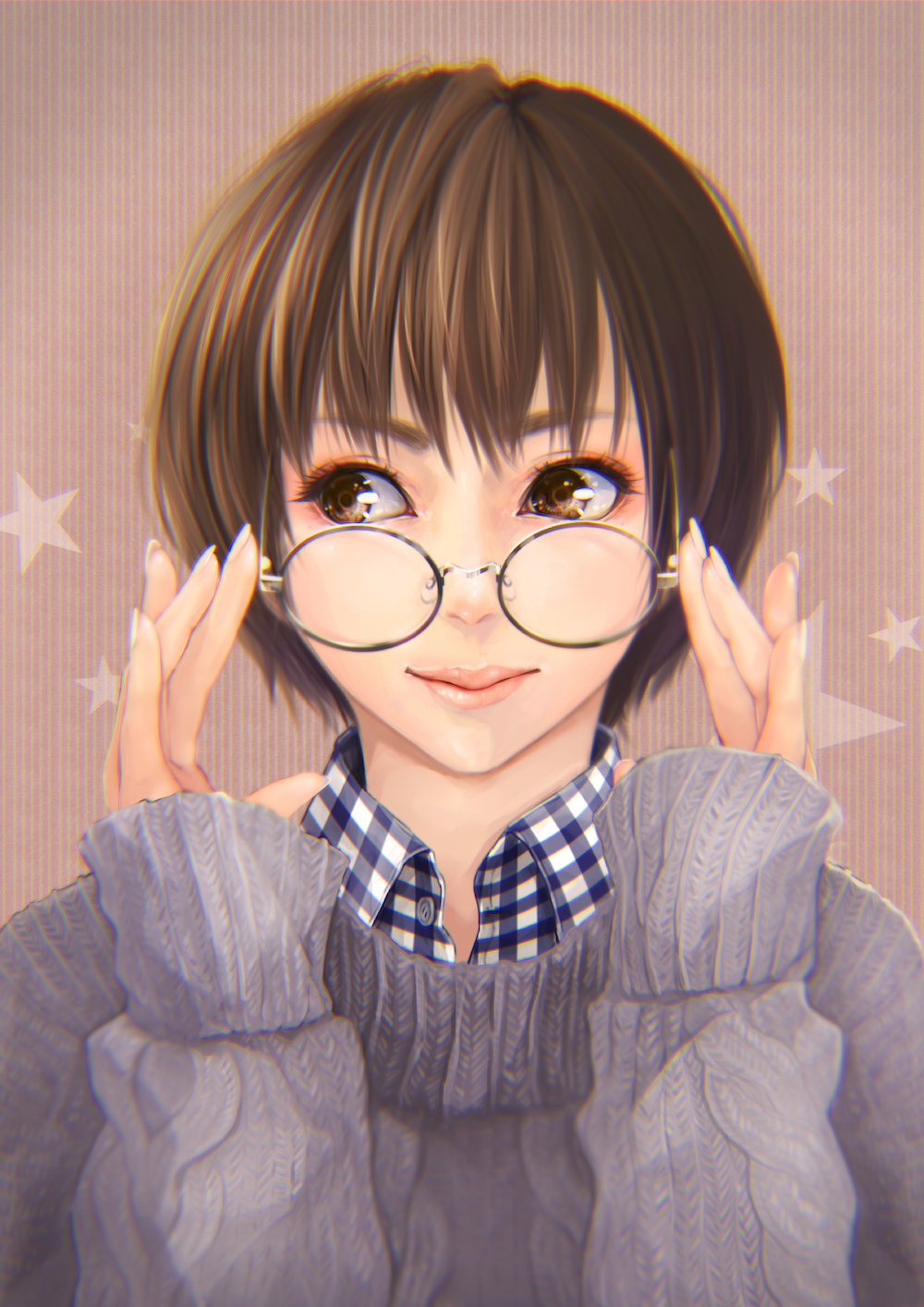 .sin 1girl adjusting_eyewear blue_shirt bob_cut brown_eyes brown_hair buttons cable_knit closed_mouth collared_shirt commentary eyelashes eyeshadow facing_viewer gingham gingham_shirt glasses grey_sweater hands_up highres light_brown_background lips long_sleeves looking_over_eyewear looking_to_the_side makeup multicolored_shirt open_collar original pink_eyeshadow pink_lips portrait round_eyewear shirt short_hair sideways_glance sleeves_past_wrists smile solo star_(symbol) striped striped_background sweater upper_body vertical_stripes white_shirt wispy_bangs