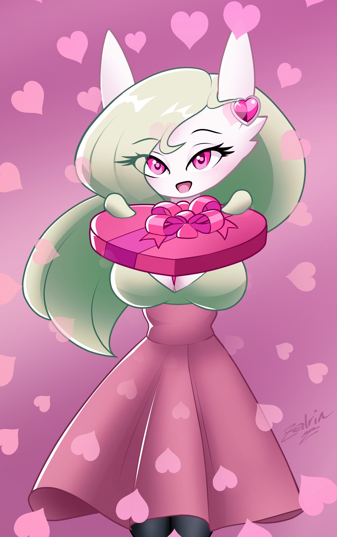 &lt;3 big_breasts box_of_chocolates breasts candy chocolate cleavage clothed clothing dessert dress female food gardevoir generation_3_pokemon green_hair hair hi_res holidays humanoid looking_at_viewer marissa_(zedrin) nintendo not_furry open_mouth pink_eyes pokemon pokemon_(species) signature smile solo standing text valentine's_day white_body zedrin