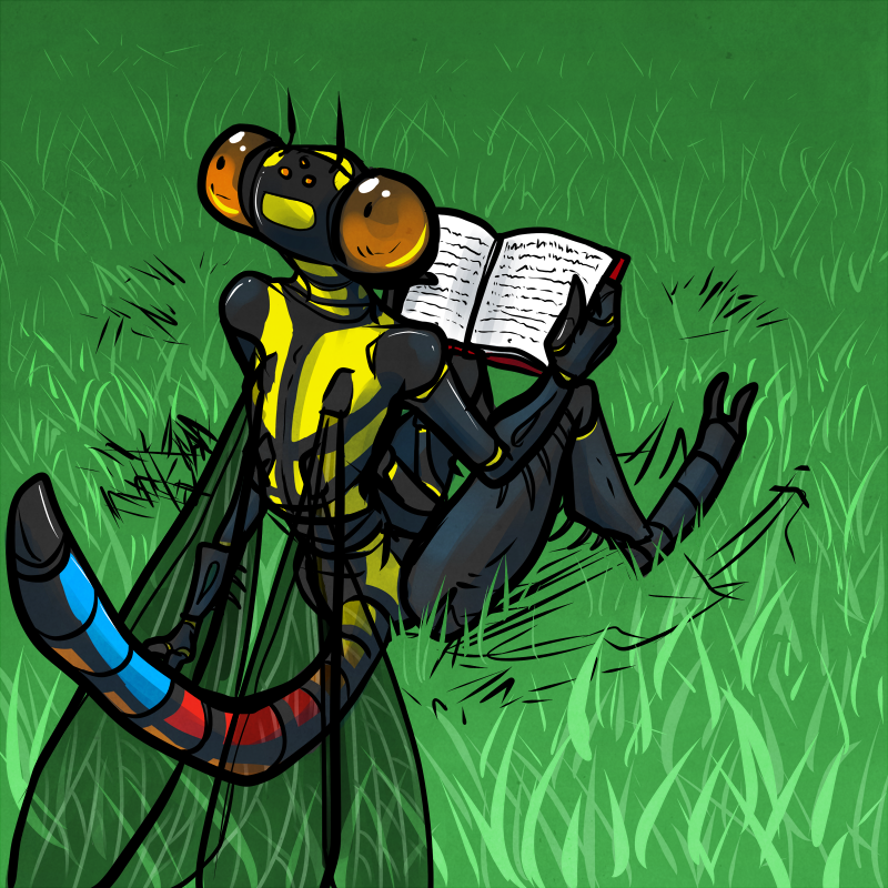 1:1 2014 2_toes amber_eyes antennae_(anatomy) anthro arthropod biped black_body book cecil_(mortisreptus) damselfly digital_drawing_(artwork) digital_media_(artwork) feet grass holding_book holding_object insect insect_wings looking_back male mortisreptus multi_arm multi_limb multicolored_tail outside plant sitting solo tail toes wings yellow_body