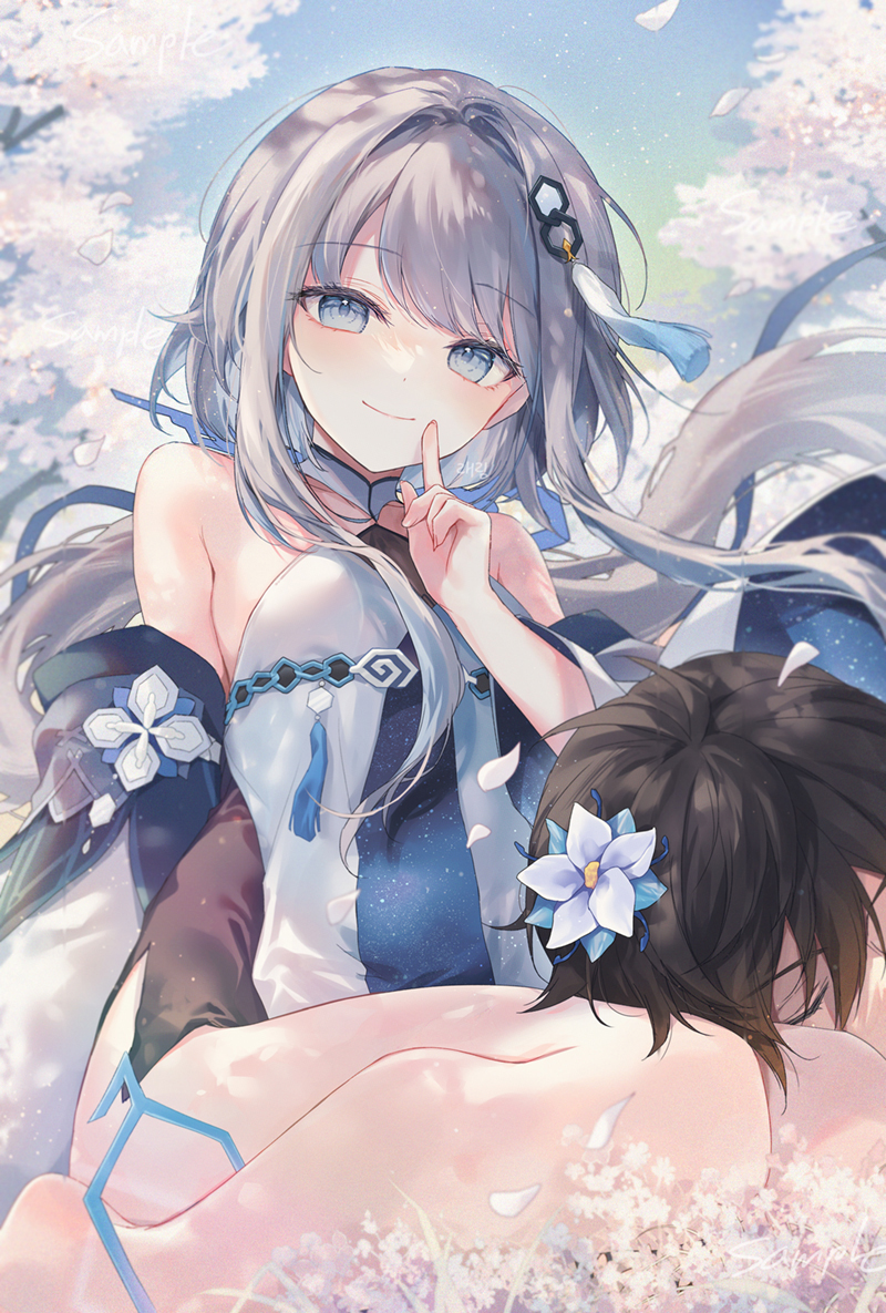 1boy 1girl bare_shoulders black_hair black_sleeves blue_eyes blush branch breasts closed_eyes closed_mouth commentary_request day detached_sleeves dress finger_to_mouth floating_hair flower genshin_impact grey_hair guizhong_(genshin_impact) hair_between_eyes hair_flower hair_intakes hair_ornament hand_up lap_pillow long_hair long_sleeves looking_at_viewer outdoors petals revision shushing silltare small_breasts smile very_long_hair white_dress white_flower wide_sleeves zhongli_(genshin_impact)