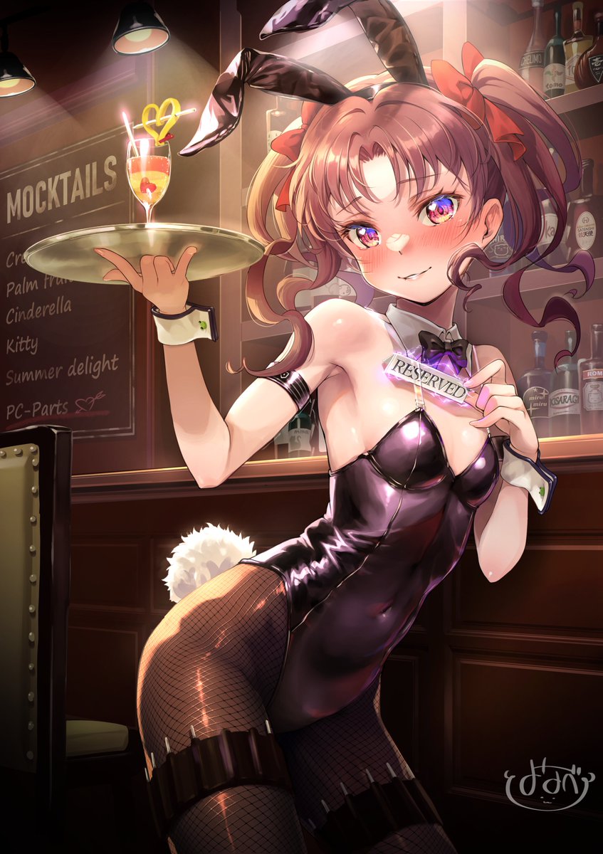 1girl animal_ears armband armpits bar_(place) bare_shoulders black_bow black_bowtie black_leotard blush bottle bow bowtie breasts brown_hair cocktail collar commentary contrapposto covered_navel cowboy_shot detached_collar dot_nose drinking_straw english_text fake_animal_ears fake_tail fishnets gekota groin hair_bow hands_up highres holding holding_sign holding_tray indoors leotard light long_hair needle pantyhose parted_bangs parted_lips playboy_bunny rabbit_ears rabbit_tail red_bow red_eyes shelf shirai_kuroko sign signature small_breasts smile solo strap_lift strapless strapless_leotard tail teeth thigh_strap thighs throwing_needles toaru_kagaku_no_railgun toaru_majutsu_no_index tray twintails wavy_hair white_collar wine_bottle wooden_wall wrist_cuffs yonabe