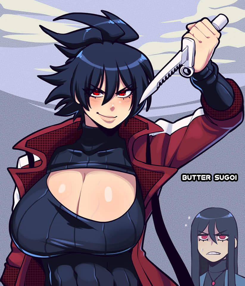 1boy 1girl artist_name black_hair breasts butter_sugoi cleavage clenched_teeth frown hair_between_eyes holding holding_knife huge_breasts jacket knife lips long_hair medium_hair original ponytail red_eyes red_jacket reverse_grip ribbed_sweater smile sweater teeth turtleneck turtleneck_sweater v-shaped_eyebrows