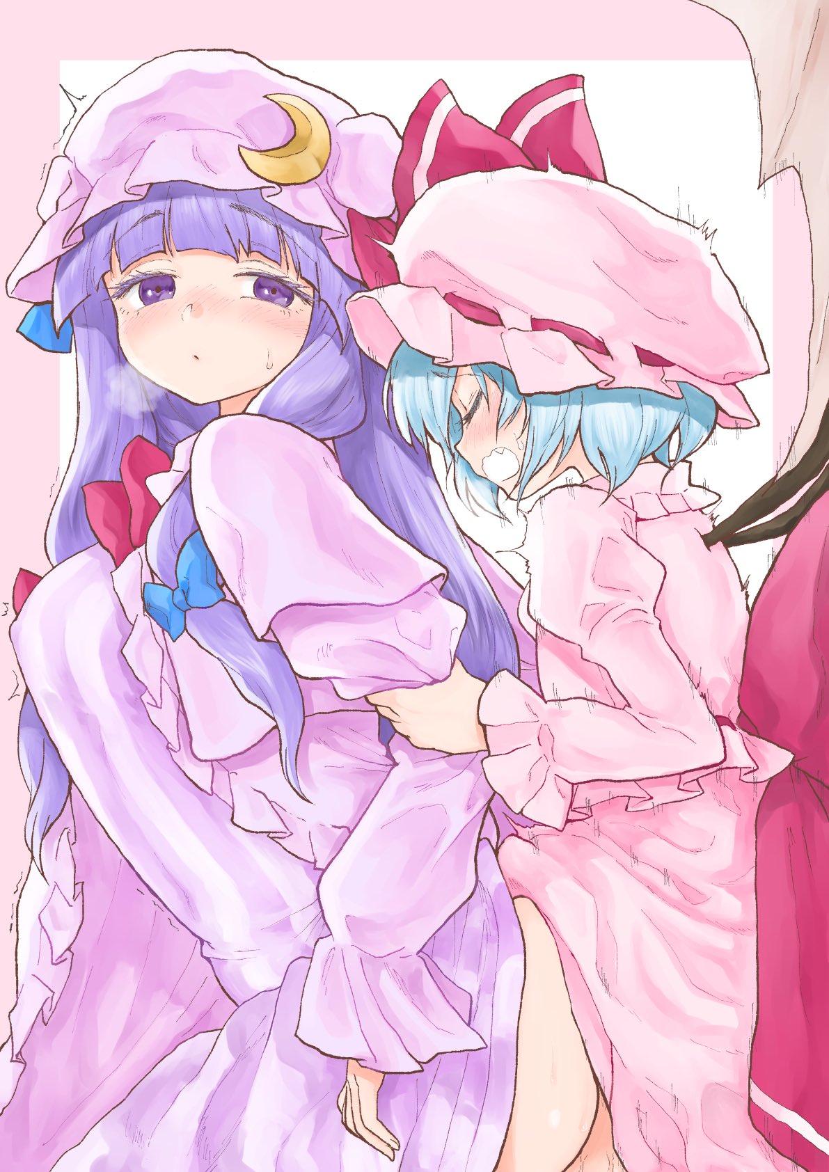 ass bat_wings blue_hair blue_ribbon blush breasts chikado closed_eyes clothed_sex covered_nipples crescent crescent_hat_ornament dress frilled_hat frilled_shirt frilled_shirt_collar frilled_sleeves frills futanari hair_ribbon hat hat_ornament hat_ribbon highres holding_another's_arm implied_futanari implied_sex large_ribbon long_hair long_skirt long_sleeves looking_at_viewer medium_breasts medium_hair moon nipples open_mouth patchouli_knowledge pink_dress pink_shirt pom_pom_(clothes) puffy_long_sleeves puffy_sleeves purple_dress purple_eyes purple_hair purple_headwear red_ribbon remilia_scarlet ribbon sex shirt simple_background skirt sleeves_past_wrists sweat sweatdrop touhou vampire white_headwear wings