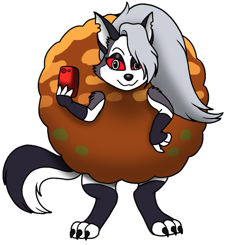 anthro canid canid_demon clothing costume demon female food food_costume hellhound helluva_boss loona_(helluva_boss) mammal meatball meatball_costume phone solo taking_picture vixdojofox