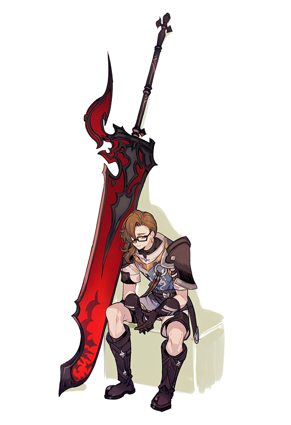1boy a082 armor belt black_footwear black_gloves black_shirt boots breastplate brown_hair glasses gloves granblue_fantasy huge_weapon looking_at_viewer male_focus medium_hair own_hands_together shirt short_sleeves shorts shoulder_armor siegfried_(granblue_fantasy) siegfried_(siggy)_(granblue_fantasy) sitting solo sword weapon white_shorts