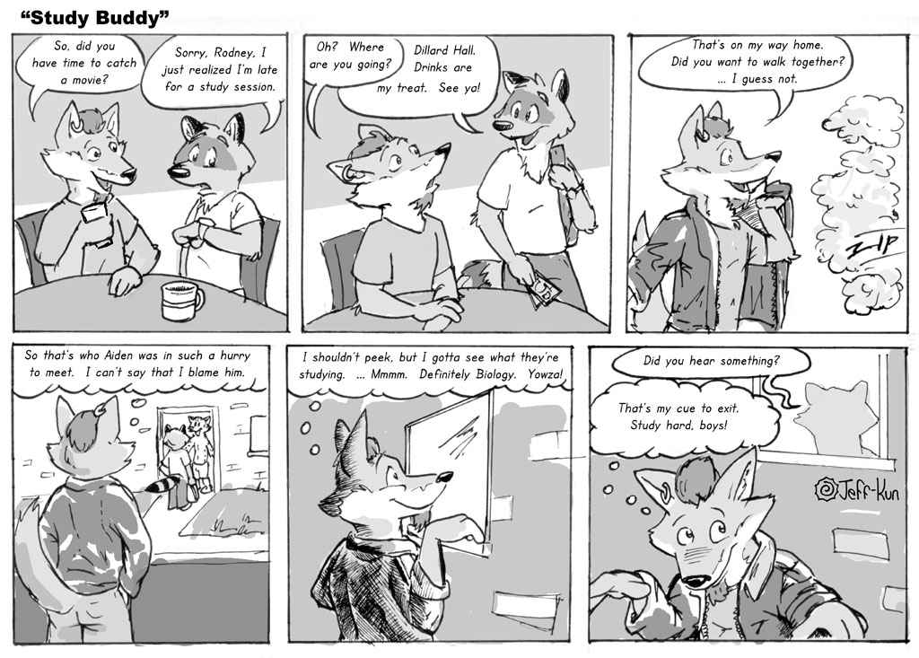 aiden_harris anthro canid canine canis cheetah closet_coon comic coyote dialogue digital_media_(artwork) duma_matambo english_text felid feline group infatuation leafdog looking_at_another male mammal monochrome peeping procyonid raccoon rodney_waters stalking text