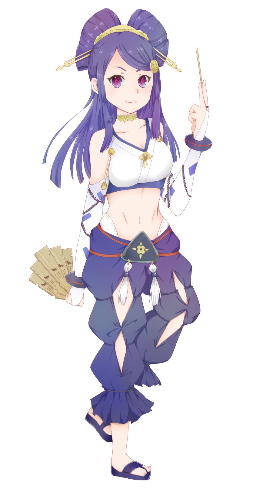 1girl bare_shoulders breasts card fire_emblem fire_emblem_fates highres holding holding_card japanese_clothes kotoriya_kuguri large_breasts navel orochi_(fire_emblem) purple_eyes purple_hair tarot toeless_footwear