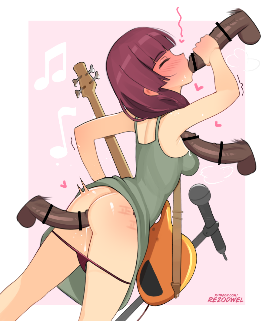 1girl 3boys ^_^ armpit_sex armpits artist_name ass back bar_censor blunt_bangs blush bocchi_the_rock! body_writing breasts censored closed_eyes dress electric_guitar fellatio gangbang green_dress group_sex guitar heart hetero hiroi_kikuri instrument interracial long_hair microphone microphone_stand multiple_boys multiple_penises oral panties panty_pull patreon_username penis penis_grab purple_hair purple_panties queen_of_spades_symbol rezodwel sex sleeveless sleeveless_dress solo_focus spade_tattoo tally tattoo testicles underwear