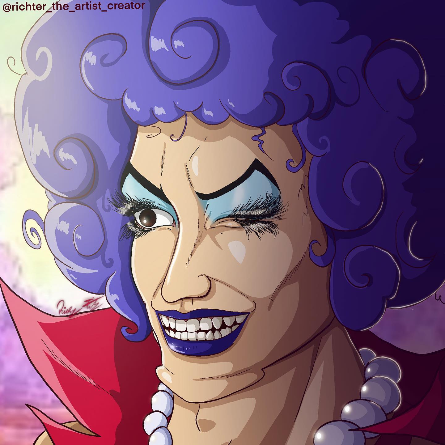 1boy afro artist_name bead_necklace beads emporio_ivankov eyelashes highres jewelry lipstick makeup necklace one_eye_closed one_piece pearl_necklace purple_hair purple_lips realistic richter_524 signature smile solo teeth