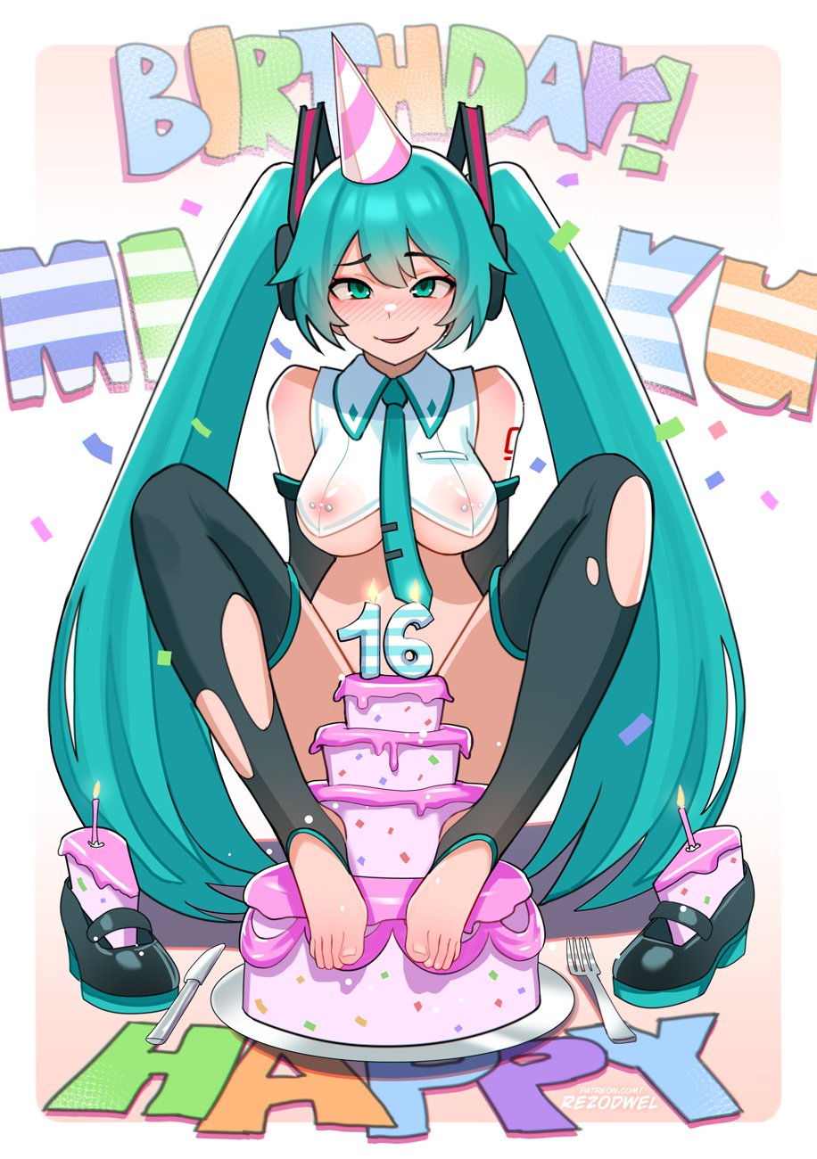 1girl adapted_costume aqua_eyes aqua_hair aqua_necktie artist_name bare_shoulders birthday_cake black_thighhighs border breasts cake cake_slice character_name collared_shirt commentary convenient_censoring crop_top detached_sleeves english_commentary eyelashes feet food full_body happy_birthday hatsune_miku highres knees_up large_breasts legs long_hair looking_at_viewer necktie nipple_piercing nipples no_shoes open_mouth piercing rezodwel shadow shirt shoes shoes_removed sidelocks sitting solo stirrup_legwear thighhighs toeless_legwear toenails toes twintails very_long_hair vocaloid white_border
