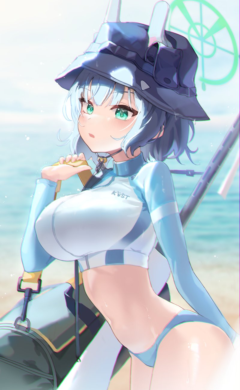 1girl aqua_eyes bag beach bikini bikini_bottom_only blue_archive blue_bikini blue_hair breasts bucket_hat cowboy_shot crop_top cropped_jacket dano duffel_bag ears_through_headwear halo hand_up hat highres jacket large_breasts long_sleeves looking_at_viewer navel official_alternate_costume open_mouth raglan_sleeves saki_(blue_archive) saki_(swimsuit)_(blue_archive) short_hair solo standing stomach swimsuit white_jacket