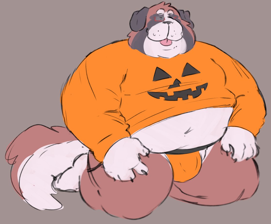 anthro blep bulge burry_(shelter) canid canine canis clothing domestic_dog jack-o'-lantern jockstrap kneeling male mammal midriff molosser mountain_dog navel obese obese_male orange_clothing overweight overweight_male saint_bernard smut_leo solo sweater tongue tongue_out topwear underwear