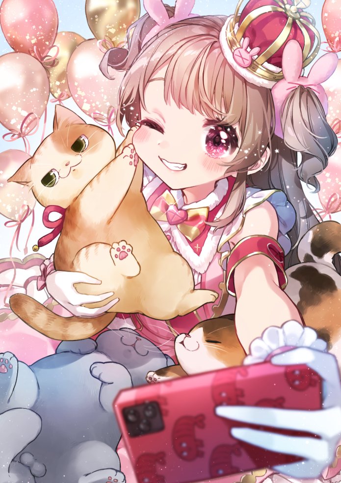 1girl animal armband balloon blush bow cat cat_testicles cellphone dress gloves green_eyes grin hair_ornament heart holding holding_phone kurihara_sakura light_brown_hair long_hair looking_at_viewer natori_sana one_eye_closed phone pink_dress rabbit_hair_ornament sana_channel selfie smartphone smile solo two_side_up virtual_youtuber white_gloves