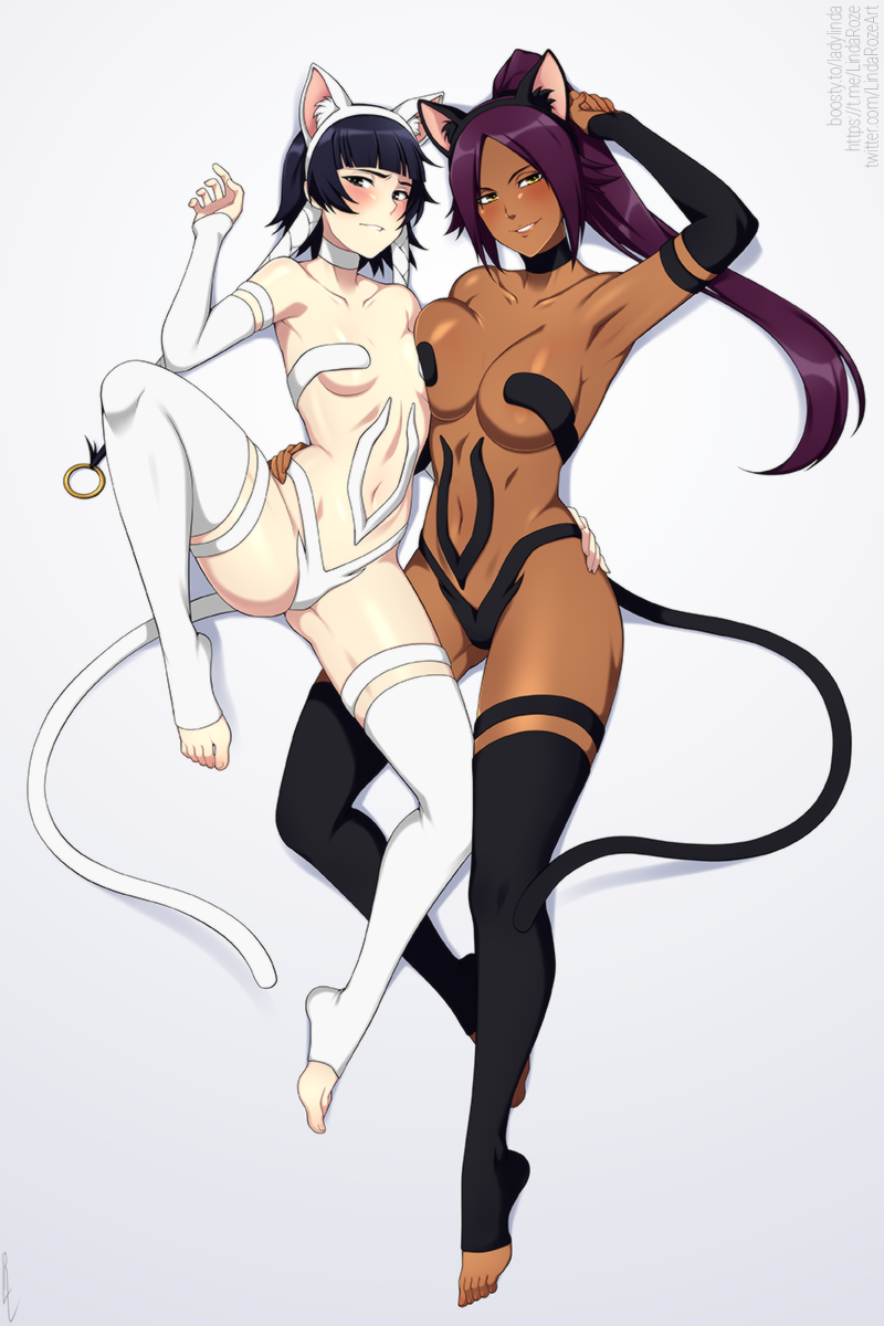 2girls animal_ears arm_around_waist armpits asymmetrical_docking black_choker black_eyes black_hair black_panties black_sleeves black_thighhighs bleach braid breast_press breasts cat_ears cat_tail choker collarbone dark-skinned_female dark_skin detached_sleeves fake_animal_ears fake_tail full_body hair_ornament highres large_breasts lindaroze long_hair looking_at_viewer low_twintails multiple_girls navel panties parted_lips ponytail purple_hair revealing_clothes shihouin_yoruichi signature simple_background small_breasts smile sui-feng tail thighhighs toeless_legwear toes twin_braids twintails underwear web_address white_choker white_panties white_sleeves white_thighhighs yellow_eyes