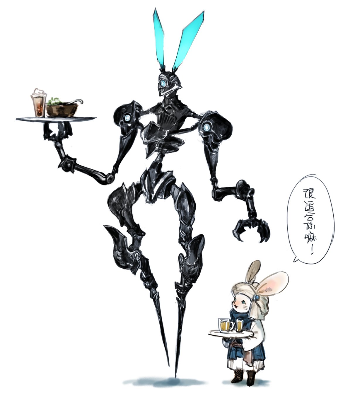 2others ambiguous_gender animal_ears boots bowl brown_footwear chinese_text cup dress drink drinking_glass final_fantasy final_fantasy_xiv full_body height_difference highres holding holding_tray loporrit multiple_others open_mouth other_focus quxiaochong rabbit_ears robot simple_background speech_bubble standing translated tray turban white_background white_dress white_headwear