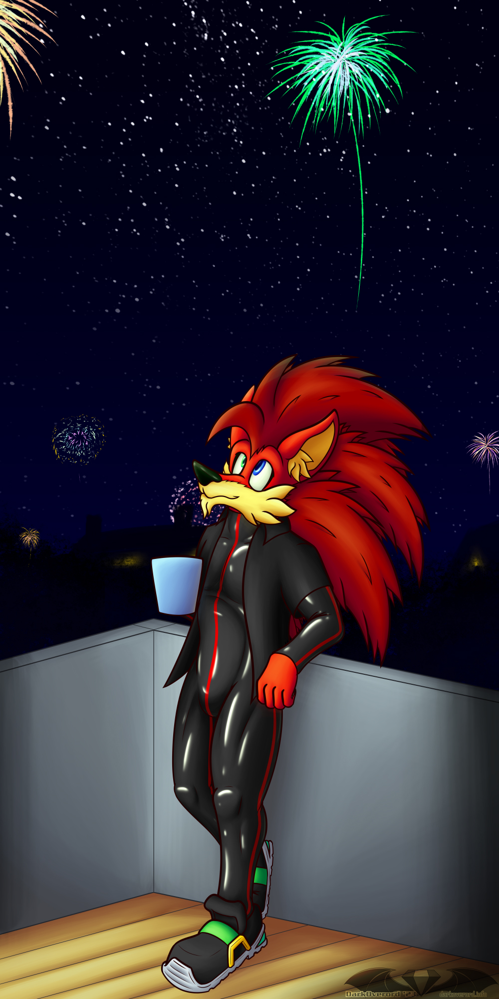 2023 5_fingers anthro balcony black_clothing black_footwear black_rubber black_rubber_suit black_shirt black_shoes black_topwear blue_eyes cheek_tuft chin_tuft clothed clothing coffee_mug container cup darkoverord detailed_background digital_drawing_(artwork) digital_media_(artwork) eulipotyphlan facial_tuft fingers fireworks fluffy_chest footwear fur green_eyes green_nose hedgehog heterochromia hi_res holding_container holding_cup holding_mug holding_object inner_ear_fluff leaning_on_wall looking_up male mammal mug night nonbinary_(lore) open_clothing open_shirt open_topwear plantigrade red_body red_fur red_quills rubber rubber_clothing rubber_suit shirt shoes simon_rickson smile solo star topwear tuft yellow_body yellow_fur yellow_inner_ear_fluff
