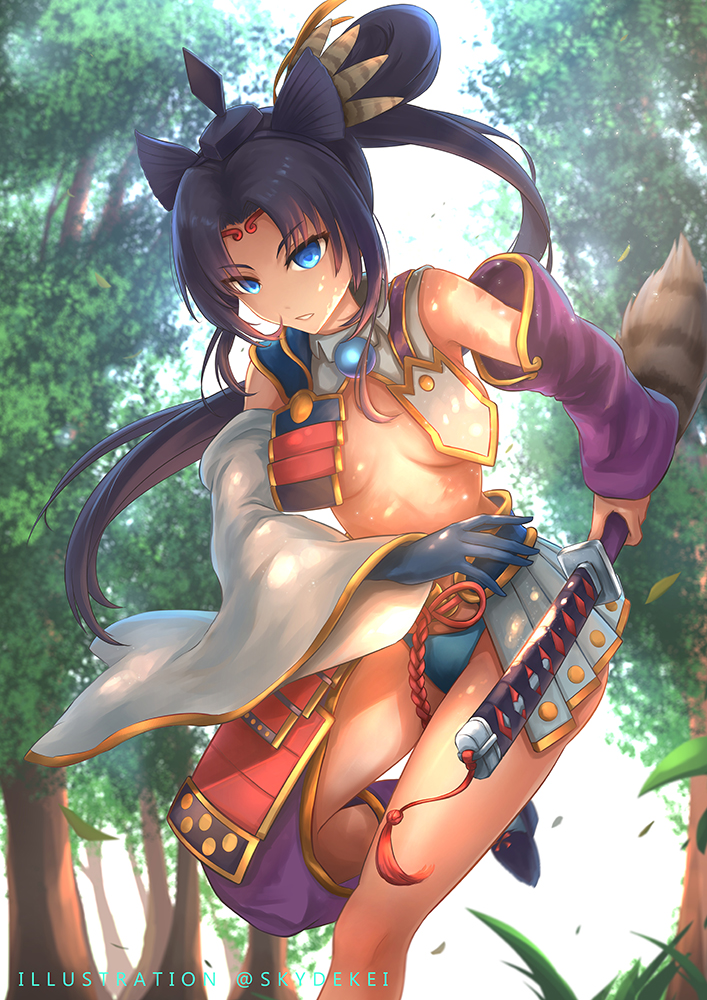 1girl armor asymmetrical_clothes asymmetrical_sleeves black_hair blue_eyes blue_gloves breast_curtains breasts commentary_request dappled_sunlight day detached_sleeves fate/grand_order fate_(series) feather_hair_ornament feathers fighting_stance forest gloves hair_ornament hat holding holding_sheath holding_sword holding_weapon japanese_armor katana kusazuri long_hair medium_breasts mismatched_sleeves nature open_mouth outdoors parted_bangs purple_sleeves ready_to_draw revealing_clothes scabbard sheath shoulder_armor side_ponytail single_glove single_pantsleg skyde_kei sode solo sunlight sword tassel tate_eboshi ushiwakamaru_(fate) very_long_hair weapon white_sleeves wide_sleeves