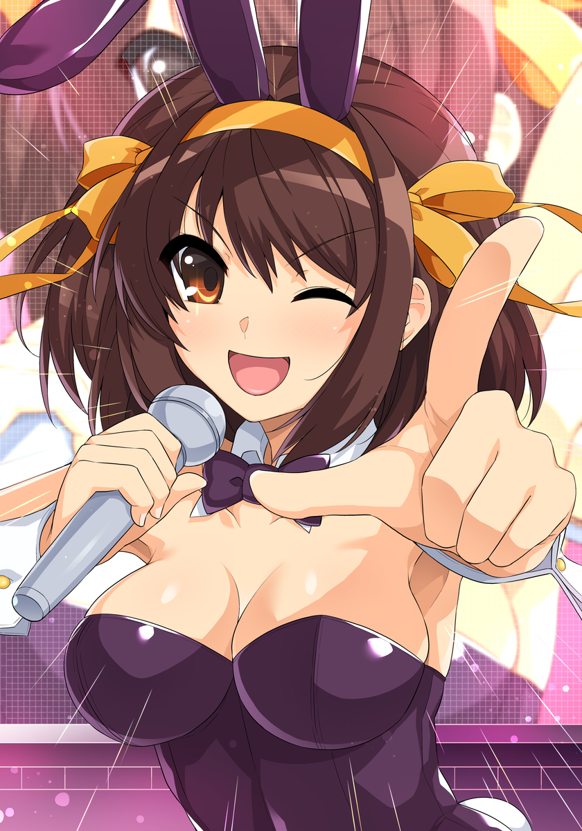 1girl ;d animal_ears black_bow black_bowtie black_leotard bow bowtie breasts brown_eyes brown_hair cleavage completely_nude detached_collar english_commentary fake_animal_ears fake_tail foreshortening hairband haruhisky highres holding holding_microphone leotard light_blush looking_at_viewer medium_hair microphone mixed-language_commentary nude official_alternate_costume one_eye_closed orange_hairband orange_ribbon playboy_bunny pointing pointing_at_viewer rabbit_ears rabbit_tail ribbon smile solo strapless strapless_leotard suzumiya_haruhi suzumiya_haruhi_no_yuuutsu tail traditional_bowtie upper_body v-shaped_eyebrows white_wrist_cuffs wrist_cuffs