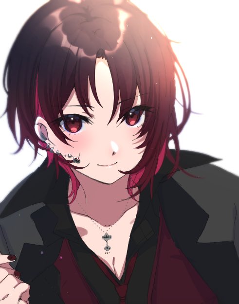 1girl black_hair black_jacket blush breasts cleavage ear_piercing earrings jacket jewelry kisaragi_ren_(vtuber) looking_at_viewer multicolored_hair nail_polish piercing red_eyes red_hair red_nails red_vest rinto_(rint_rnt) short_hair simple_background single_earring smile solo upper_body vest virtual_youtuber vspo! white_background