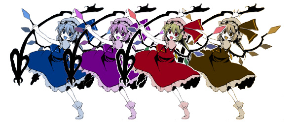 1girl alternate_color blonde_hair blue_eyes blue_hair blue_headwear blue_skirt blue_vest brown_eyes brown_hair brown_headwear brown_skirt brown_vest flandre_scarlet four_of_a_kind_(touhou) frilled_skirt frills full_body hat hat_ribbon holding holding_polearm holding_weapon laevatein_(touhou) looking_at_viewer mob_cap multicolored_wings open_mouth pink_headwear polearm puffy_short_sleeves puffy_sleeves purple_eyes purple_hair purple_headwear purple_skirt purple_vest red_eyes red_skirt red_vest ribbon ryuuzaki_(ereticent) short_sleeves simple_background skirt touhou vest weapon white_background wings