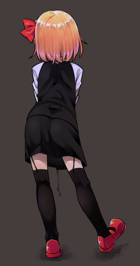 1girl ass black_background black_skirt black_thighhighs black_vest blonde_hair bob_cut bow contrapposto dark_background darkness facing_away from_behind full_body hair_bow legs_apart long_sleeves mary_janes over-kneehighs red_bow red_footwear rumia shamo_(koumakantv) shoes short_hair simple_background skirt skirt_set solo standing thighhighs toes_up touhou vest zettai_ryouiki