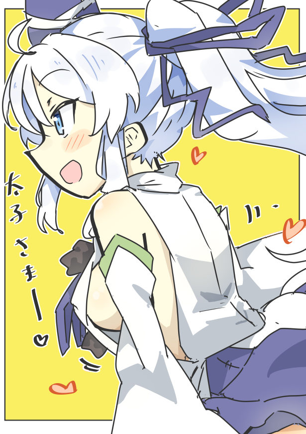 1girl black_headwear blue_eyes breasts commentary_request detached_sleeves from_side grey_hair hat heart japanese_clothes kariginu large_breasts long_hair looking_at_viewer matsu_kitsune mononobe_no_futo open_mouth ponytail sideboob simple_background skirt solo tate_eboshi touhou yellow_background