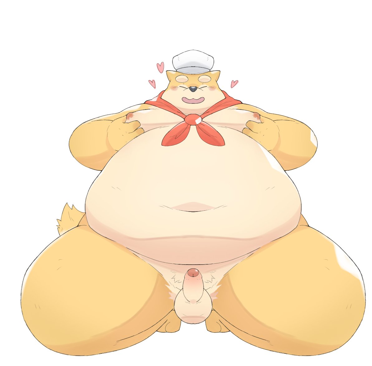 &lt;3 2023 anthro balls belly big_belly blush canid canine canis chef_hat clothing domestic_dog erection eyes_closed genitals ginsingoo1 hat headgear headwear kemono male mammal moobs navel nipples obese obese_male overweight overweight_male penis small_penis solo