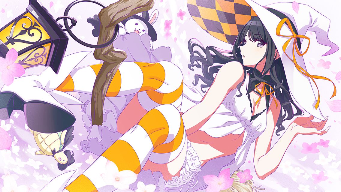 1girl adjusting_clothes adjusting_headwear arm_between_legs babydoll bare_shoulders black_collar black_hair bloomers boots broom broom_riding checkered_clothes checkered_headwear collar costume detached_collar dutch_angle flower flying game_cg hat idolmaster idolmaster_shiny_colors kazano_hiori lantern legs long_hair looking_at_viewer midriff navel non-web_source official_art orange_headwear orange_ribbon orange_thighhighs parted_lips petals pink_flower purple_eyes ribbon sitting sleeveless solo stomach striped striped_thighhighs stuffed_toy thighhighs underwear white_babydoll white_background white_bloomers white_footwear white_headwear white_thighhighs witch_hat
