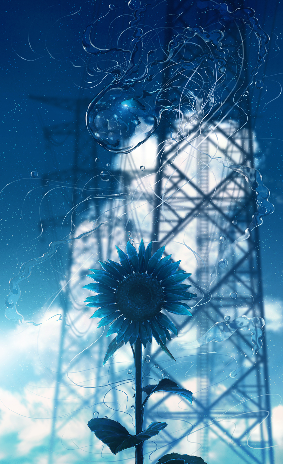 blue_flower blue_sky blue_theme blurry blurry_background cloud cloudy_sky cola_(gotouryouta) depth_of_field floating flower highres jellyfish ladder no_humans original power_lines scenery sky sunflower surreal transmission_tower water water_drop