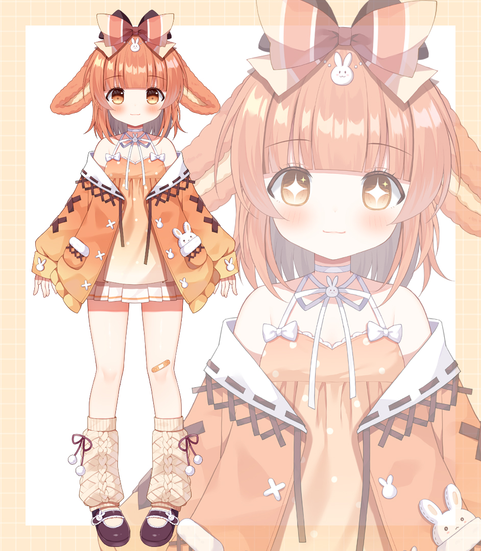 +_+ 1girl animal_ears black_bow black_footwear blush bow brown_camisole brown_eyes brown_hair brown_jacket brown_leg_warmers camisole closed_mouth commentary_request copyright_request hair_bow jacket leg_warmers long_sleeves mauve miuna_usako multiple_views off_shoulder official_art open_clothes open_jacket pleated_skirt puffy_long_sleeves puffy_sleeves shoes skirt sleeves_past_wrists smile virtual_youtuber white_skirt