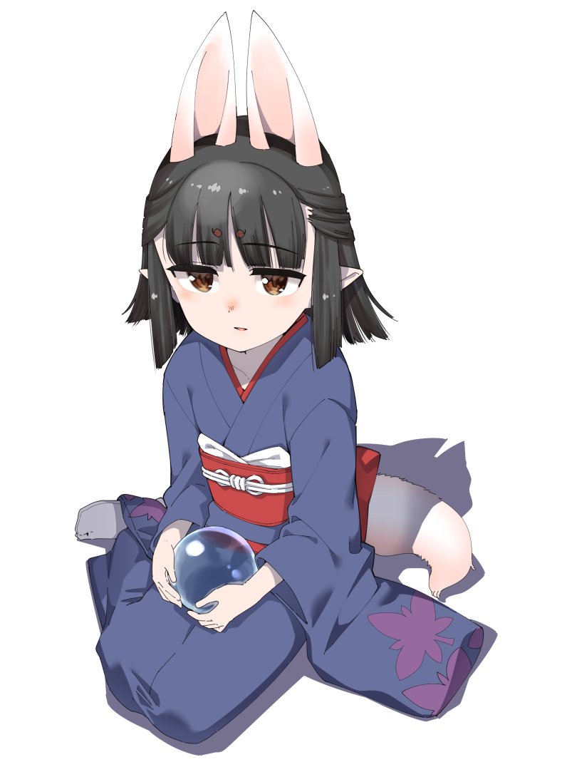 1girl animal_ears ball black_hair blue_kimono blush brown_eyes commentary_request crystal_ball extra_ears fox_ears fox_tail full_body gengorou hasaha holding holding_ball japanese_clothes kimono looking_at_viewer obi parted_lips pointy_ears sash short_eyebrows simple_background sitting socks solo summon_night summon_night_2 tabi tail white_background white_socks yokozuwari