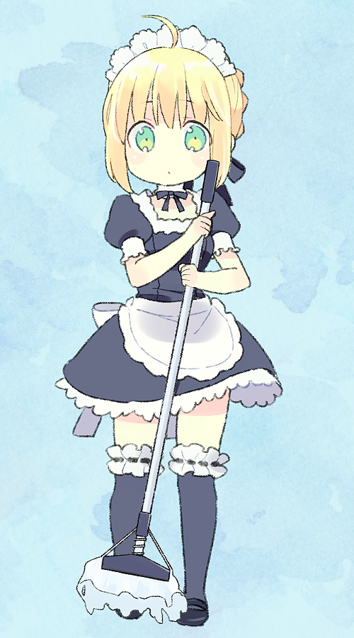 1girl 87banana ahoge apron artoria_pendragon_(fate) black_bow black_thighhighs blonde_hair bow fate/stay_night fate_(series) green_eyes hair_bow holding holding_mop lace-trimmed_legwear lace_trim maid maid_apron maid_headdress mop saber solo thighhighs