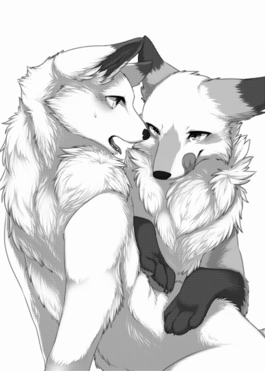 2015 akafude_(tsukune_minaga) ambiguous_gender canid canine canis comic digital_media_(artwork) dipstick_ears domestic_dog doujinshi duo feral fluffy fox gloves_(marking) greyscale halftone hi_res mammal markings monochrome multicolored_ears open_mouth shiranui_(tsukune_minaga) tongue tongue_out tsukune_minaga